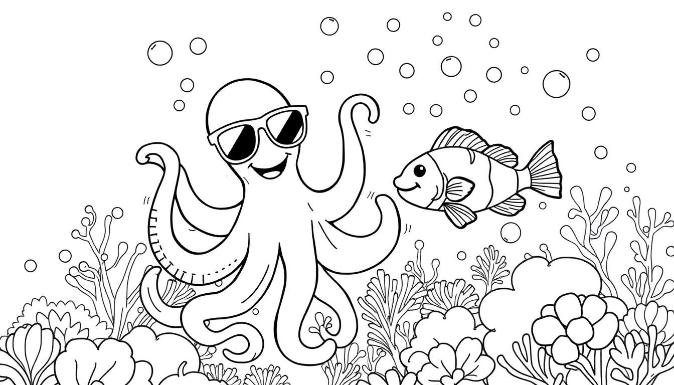 Dibujo para colorear de un pulpo con gafas de sol y un pez, rodeados de burbujas y corales.