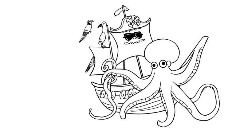 Página para colorear de un pulpo gigante rodeando un barco pirata con una vela decorada y dos pájaros.