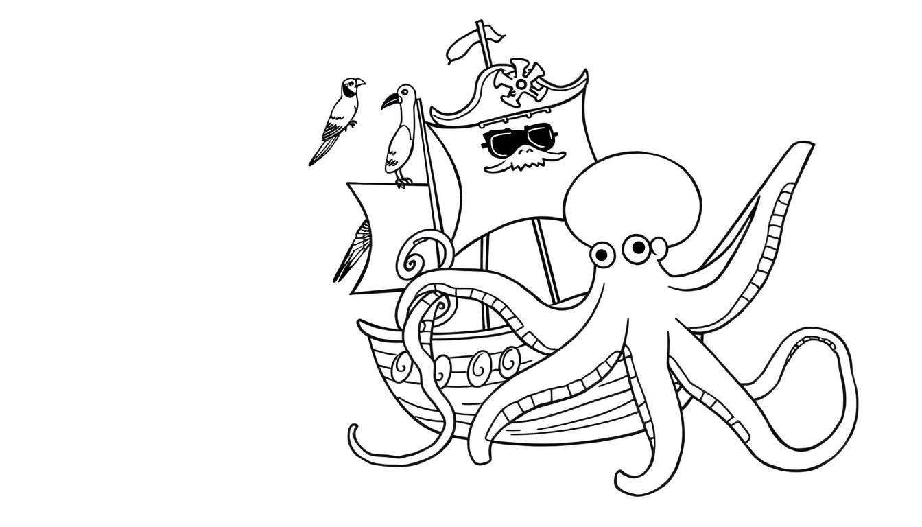 Página para colorear de un pulpo gigante rodeando un barco pirata con una vela decorada y dos pájaros.