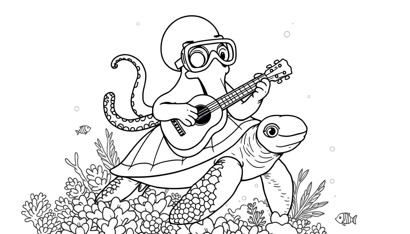 Página para colorear de un pulpo con gafas de buceo tocando una guitarra sobre el caparazón de una tortuga marina, con corales y peces pequeños alrededor.