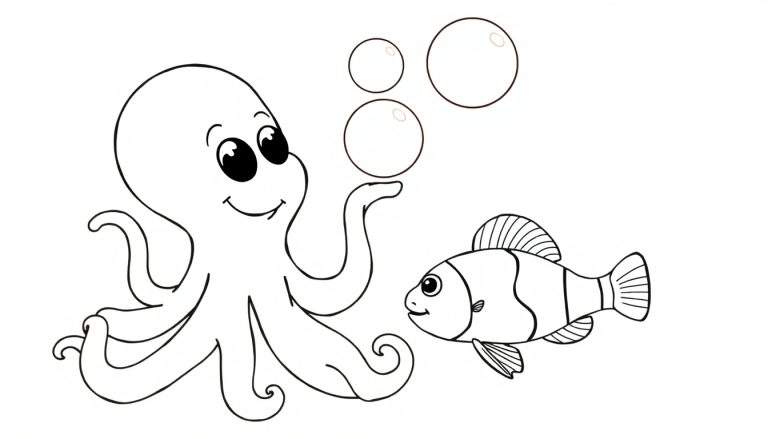 Dibujo a lápiz para colorear de un pulpo sonriente y burbujas, con un pez payaso observando.