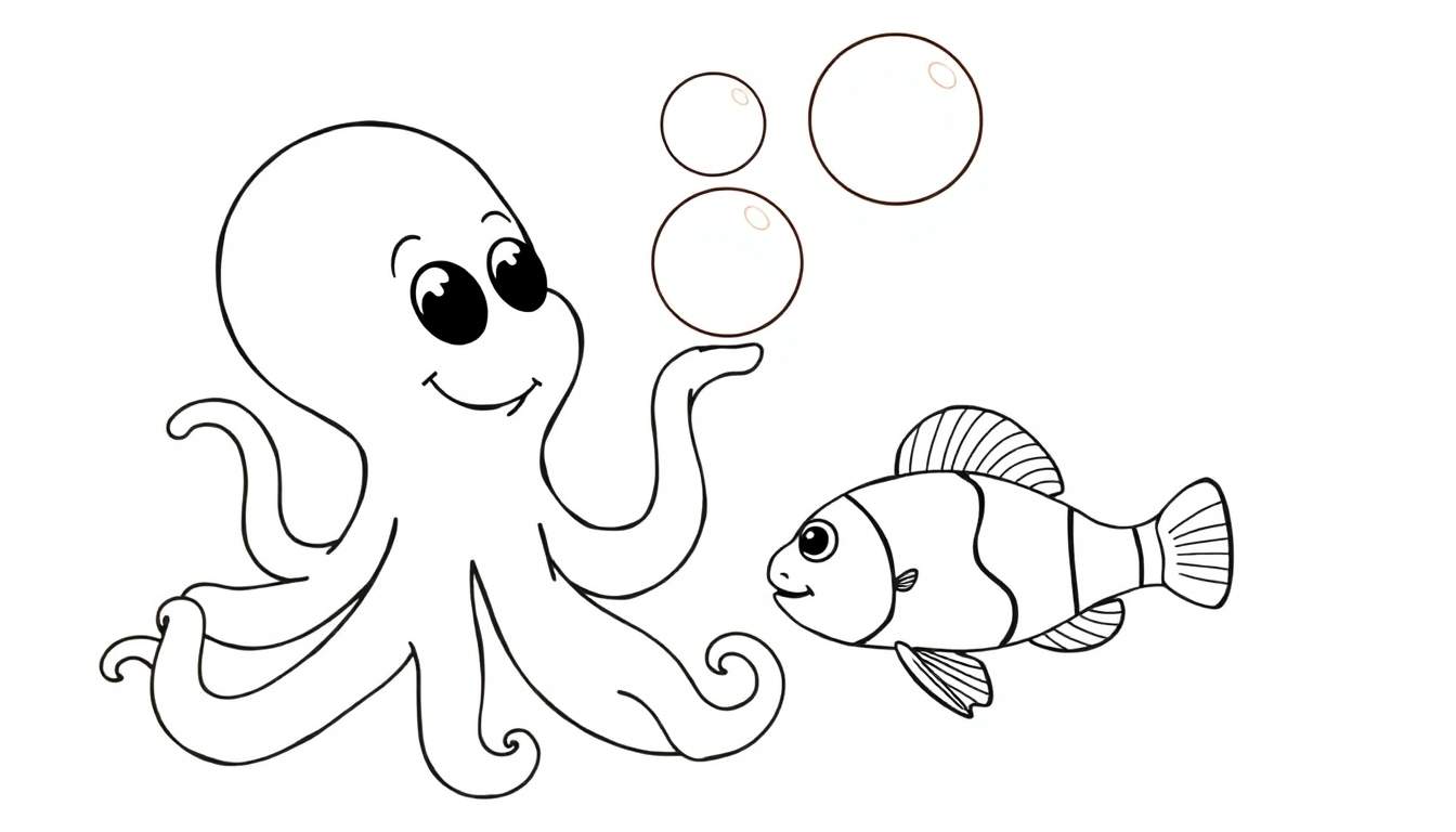 Dibujo a lápiz para colorear de un pulpo sonriente y burbujas, con un pez payaso observando.