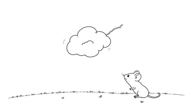 Página para colorear de un ratón mirando una nube con un rayo, sobre hierba.