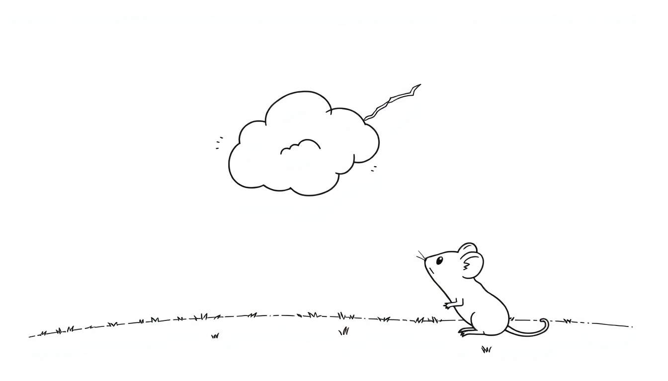 Página para colorear de un ratón mirando una nube con un rayo, sobre hierba.