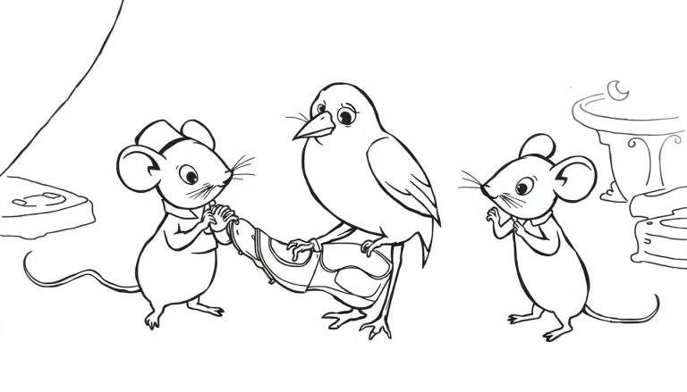 Ilustración para colorear de dos ratones y un pájaro con una tela con patrones geométricos.