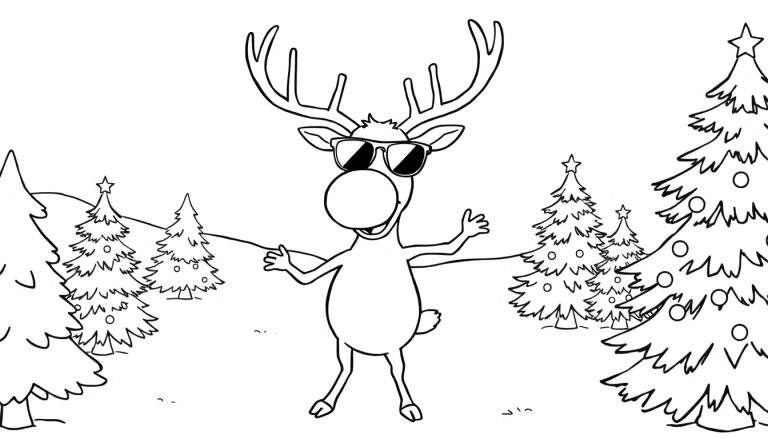 Imagen para colorear de un reno amigable con gafas de sol bailando entre árboles de Navidad en la nieve.