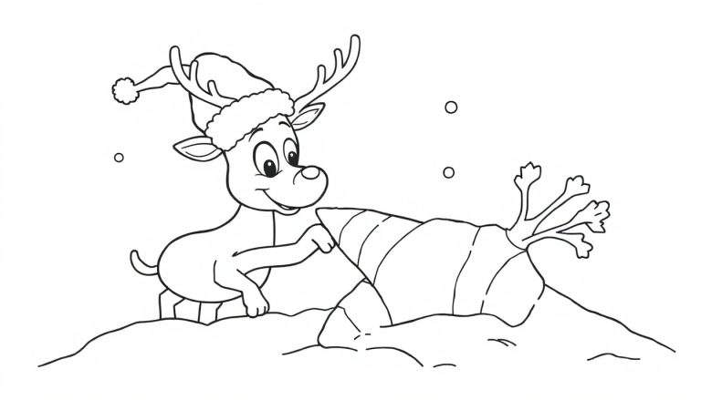 Imagen para colorear de un reno de dibujos animados feliz sacando una zanahoria gigante de la nieve, con un gorro de Papá Noel y copos de nieve cayendo.