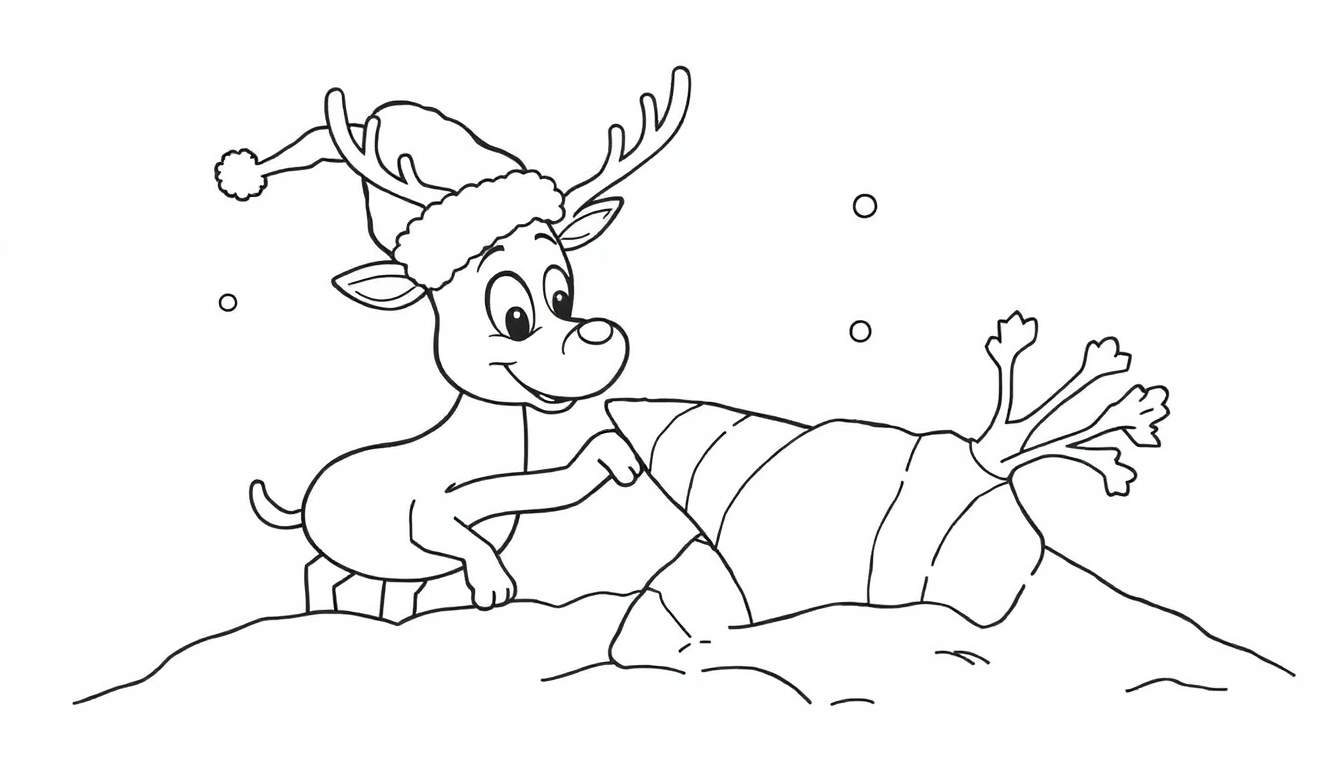 Imagen para colorear de un reno de dibujos animados feliz sacando una zanahoria gigante de la nieve, con un gorro de Papá Noel y copos de nieve cayendo.