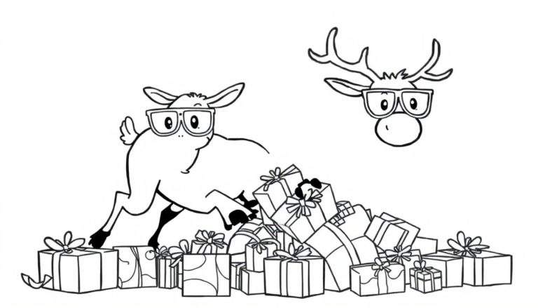 Dibujo a lápiz de dos renos con gafas, uno saltando sobre regalos.