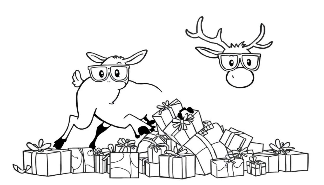 Dibujo a lápiz de dos renos con gafas, uno saltando sobre regalos.