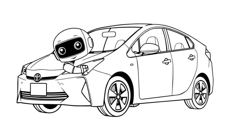Dibujo para colorear de un robot caricaturesco con cabeza redonda y ojos grandes apoyado en el capó de un coche Toyota.