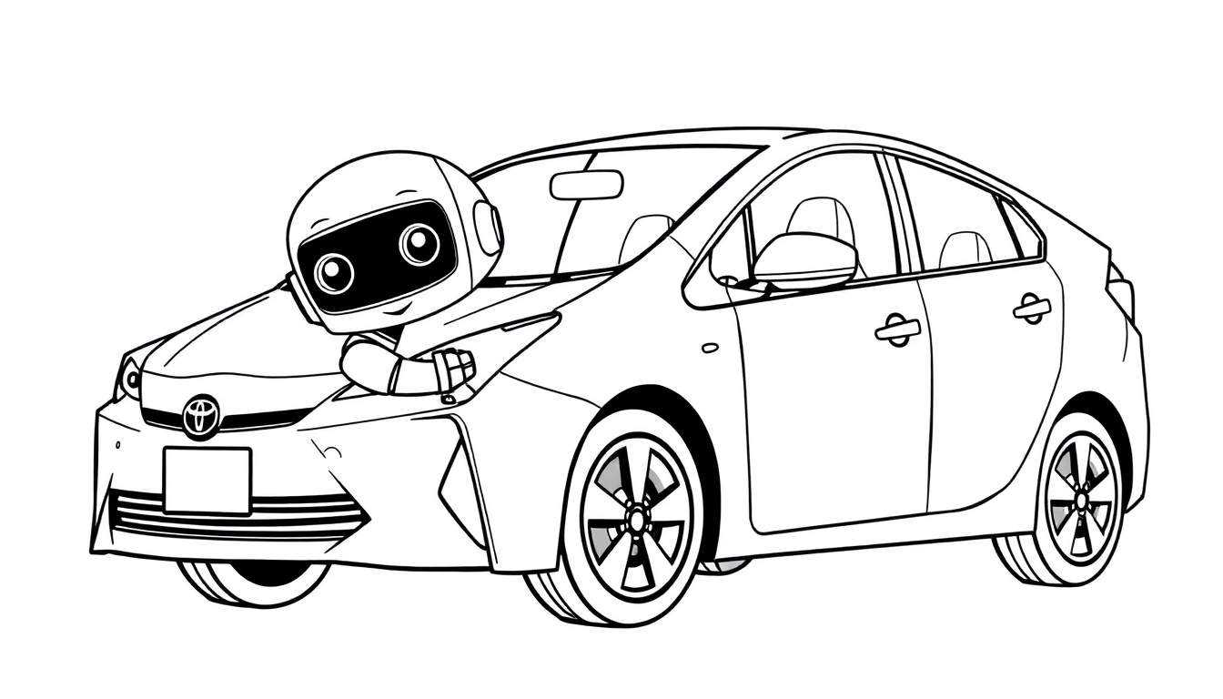 Dibujo para colorear de un robot caricaturesco con cabeza redonda y ojos grandes apoyado en el capó de un coche Toyota.