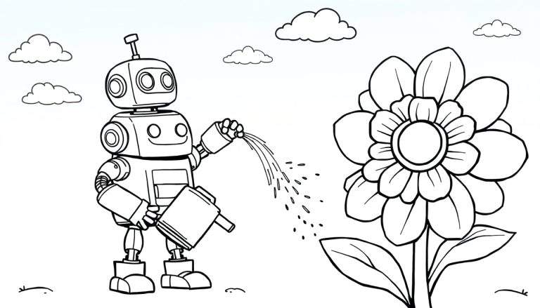 Página para colorear de un robot de dibujos animados vertiendo agua de una regadera sobre una flor grande, con nubes y hierba en el fondo.