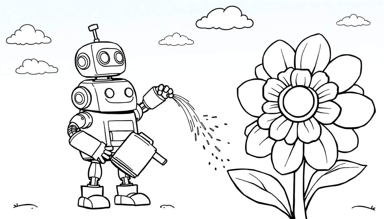 Página para colorear de un robot de dibujos animados vertiendo agua de una regadera sobre una flor grande, con nubes y hierba en el fondo.