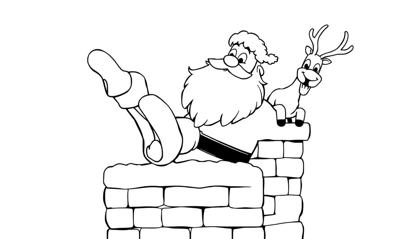 Dibujo lineal para colorear de Santa Claus con barba blanca y gorro puntiagudo, asomándose por una chimenea de ladrillos con una pierna levantada, acompañado por un reno sentado en la parte superior de la chimenea.