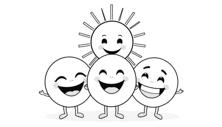 Página para colorear de un sol sonriente con rayos y tres círculos con caras sonrientes, brazos y piernas.