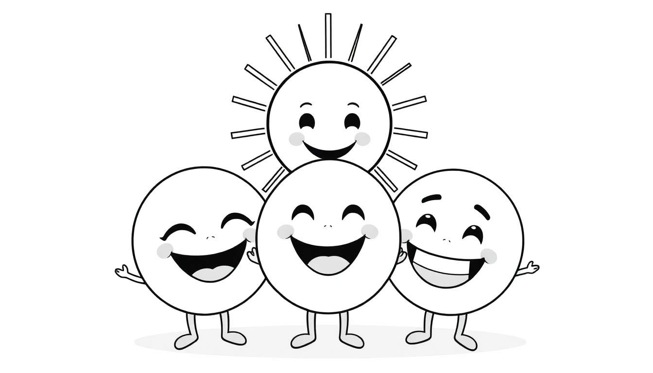 Página para colorear de un sol sonriente con rayos y tres círculos con caras sonrientes, brazos y piernas.
