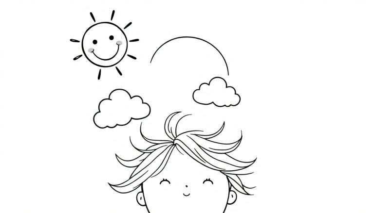 Dibujo lineal en blanco y negro de un sol sonriente con rayos, dos nubes, un arco y la cabeza de una persona feliz.