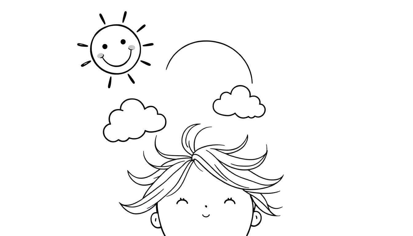 Dibujo lineal en blanco y negro de un sol sonriente con rayos, dos nubes, un arco y la cabeza de una persona feliz.