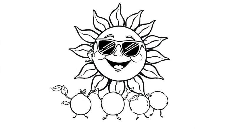 Página para colorear de un sol sonriente con gafas de sol y cuatro frutas con brazos y piernas bailando.