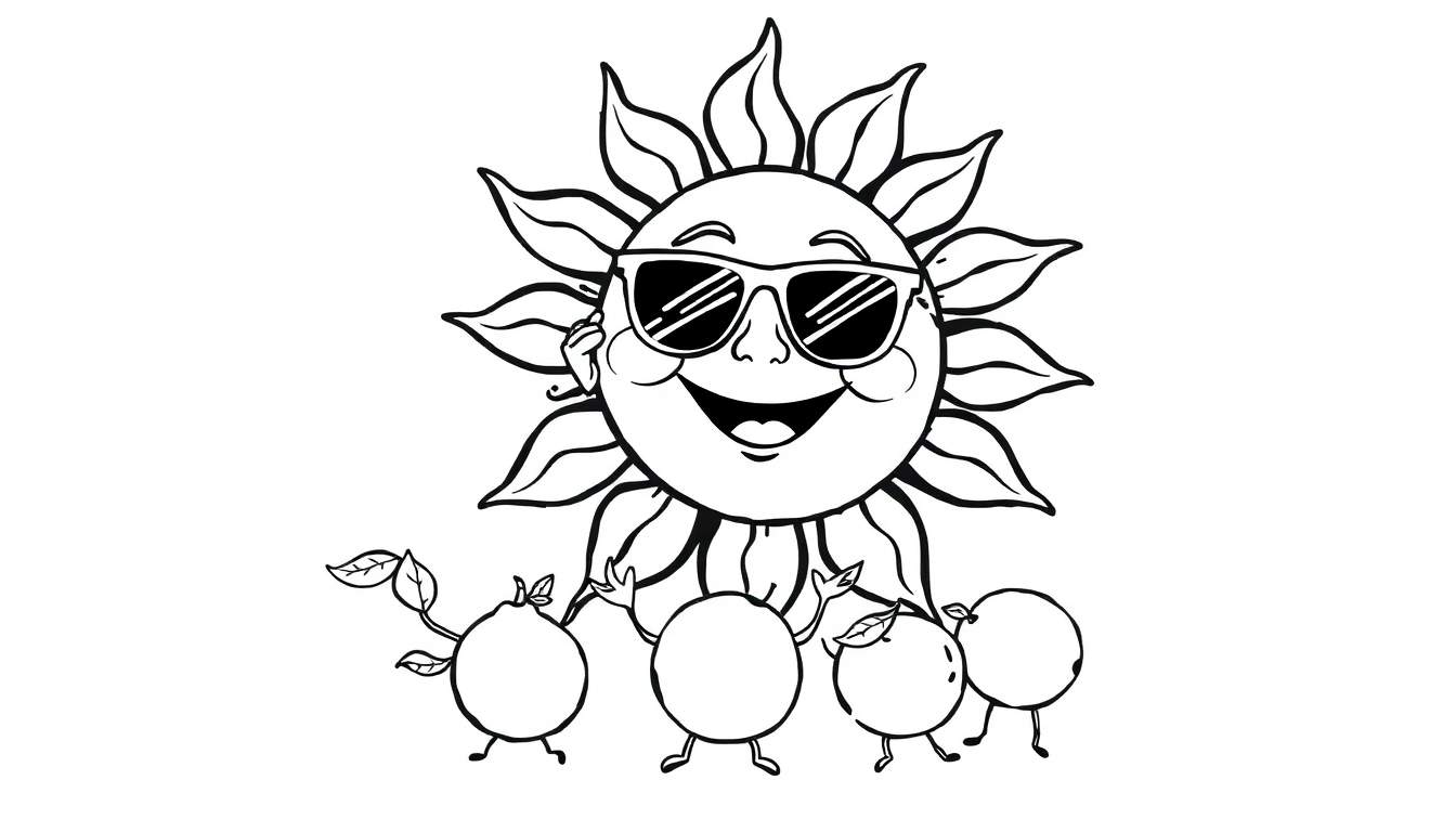 Página para colorear de un sol sonriente con gafas de sol y cuatro frutas con brazos y piernas bailando.