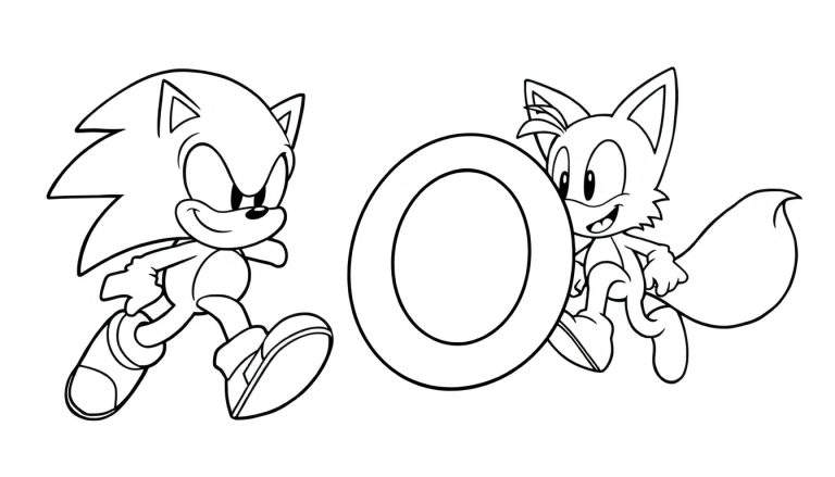 Dibujo para colorear de Sonic el Erizo y Tails el zorro con un anillo dorado en el centro.