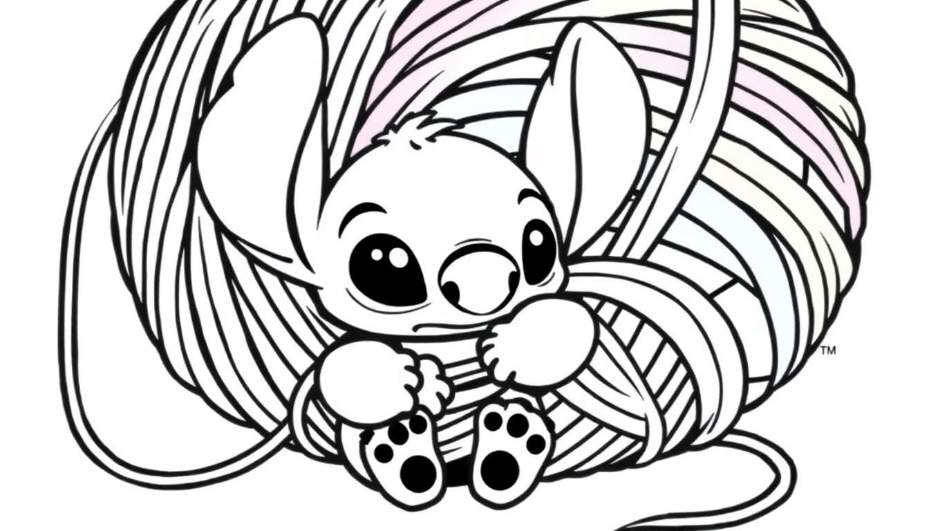 Stitch, el personaje de Disney, sentado en el centro de una bola de lana con rayas de colores pálidos, abrazándola con cariño. Dibujo en blanco y negro con toques de color sutiles.