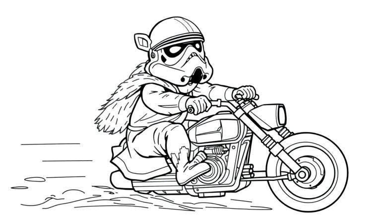 Página para colorear de un Stormtrooper tierno con capa peluda montando una motocicleta chopper, con líneas de velocidad.