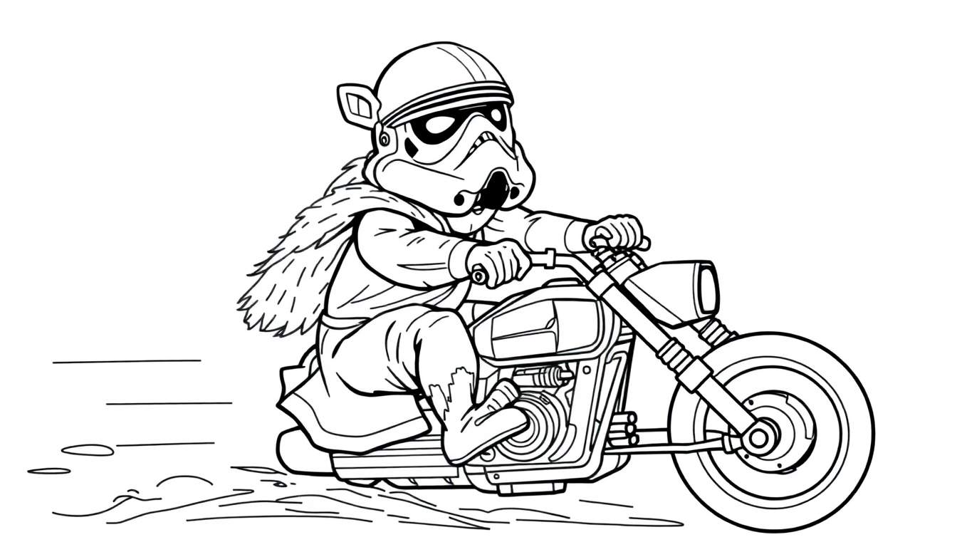 Página para colorear de un Stormtrooper tierno con capa peluda montando una motocicleta chopper, con líneas de velocidad.