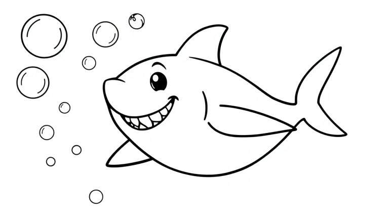 Página para colorear de un tiburón de dibujos animados sonriendo, con burbujas alrededor.