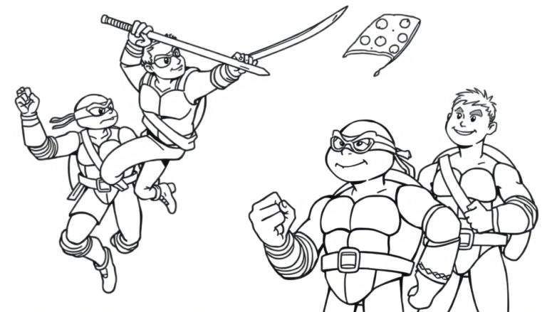 Página para colorear de las Tortugas Ninja listas para luchar con espadas, dos en el aire y dos en el suelo, con un trozo de pizza flotando.