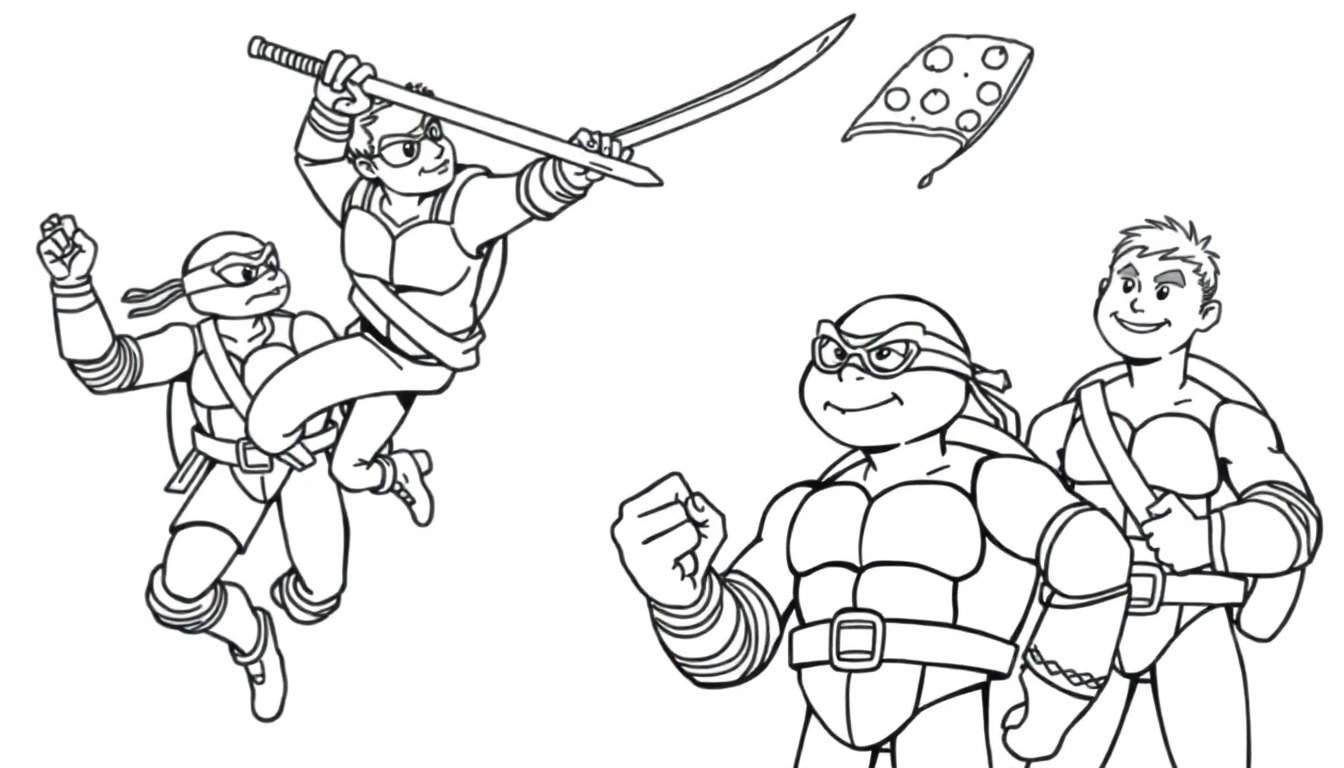 Página para colorear de las Tortugas Ninja listas para luchar con espadas, dos en el aire y dos en el suelo, con un trozo de pizza flotando.