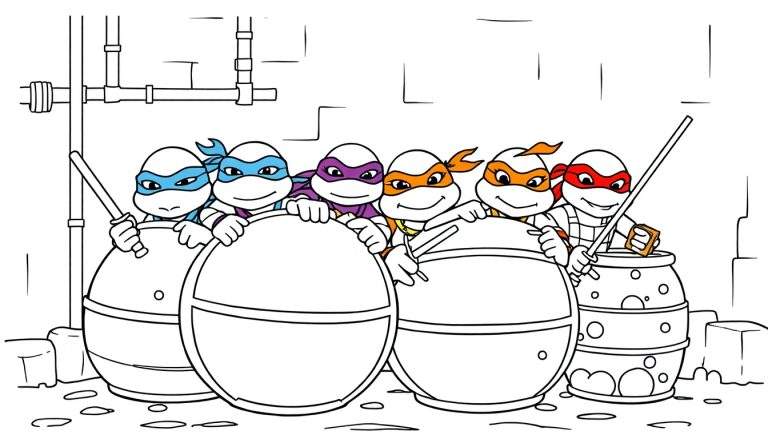 Página para colorear de las Tortugas Ninja jugando al escondite detrás de barriles en un entorno urbano con tuberías.