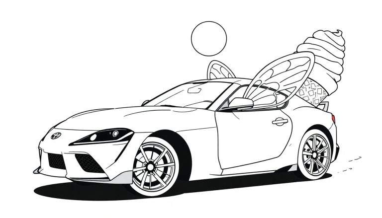 Dibujo lineal en blanco y negro de un coche deportivo Toyota Supra con alas de hada y un gran helado saliendo de la parte trasera, con un círculo flotando encima.