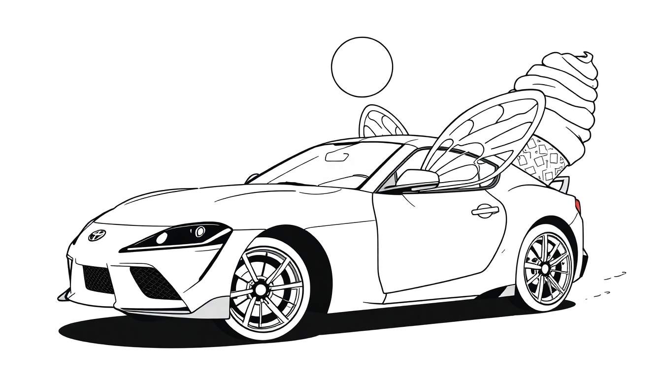 Dibujo lineal en blanco y negro de un coche deportivo Toyota Supra con alas de hada y un gran helado saliendo de la parte trasera, con un círculo flotando encima.