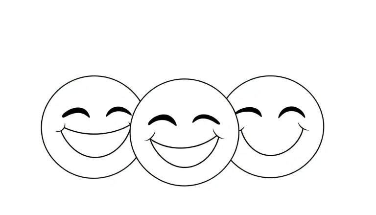Tres caritas sonrientes para colorear, con ojos cerrados y grandes sonrisas, la del centro un poco más adelantada.