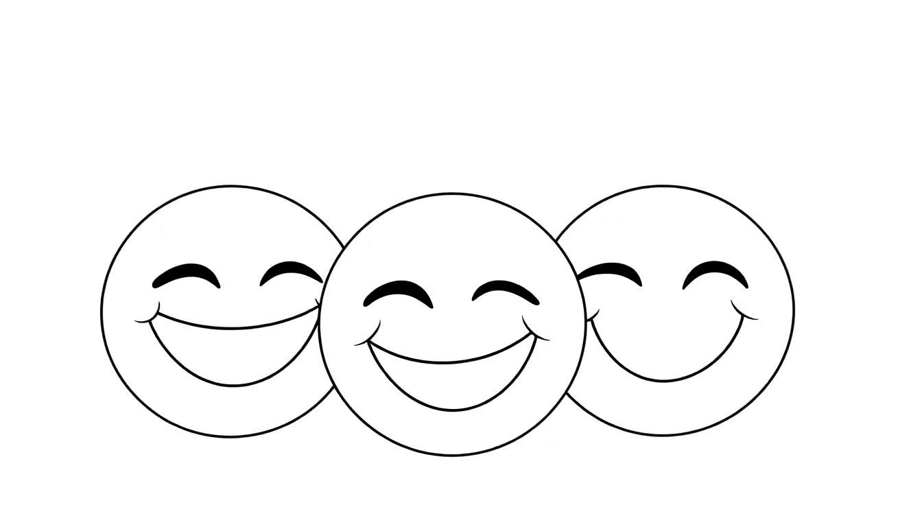 Tres caritas sonrientes para colorear, con ojos cerrados y grandes sonrisas, la del centro un poco más adelantada.