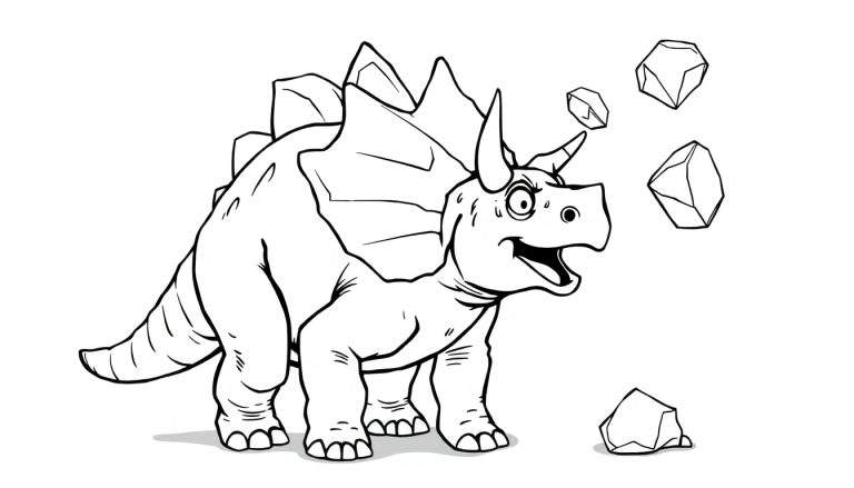 Dibujo a blanco y negro de un Triceratops con boca abierta y ojos bien abiertos, con rocas cayendo a su alrededor, listo para ser coloreado.
