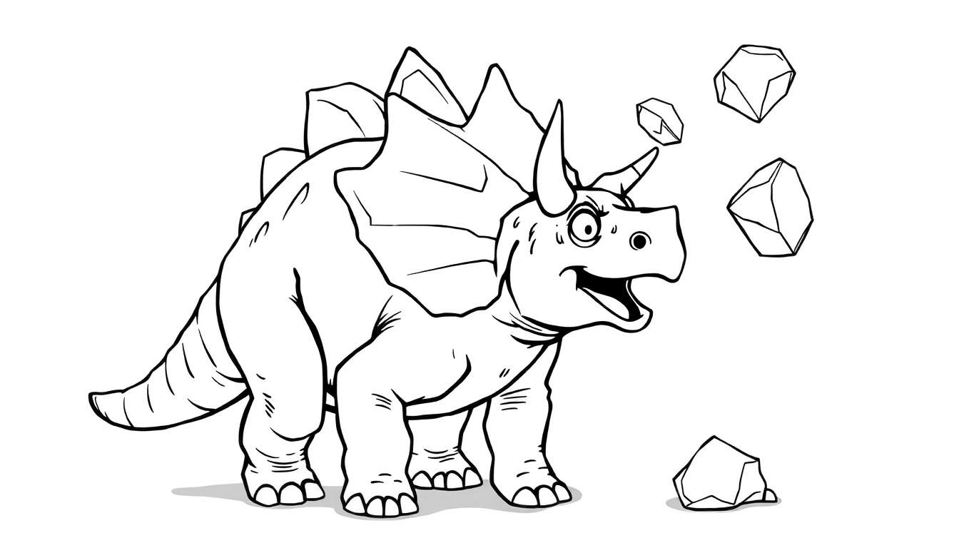 Dibujo a blanco y negro de un Triceratops con boca abierta y ojos bien abiertos, con rocas cayendo a su alrededor, listo para ser coloreado.