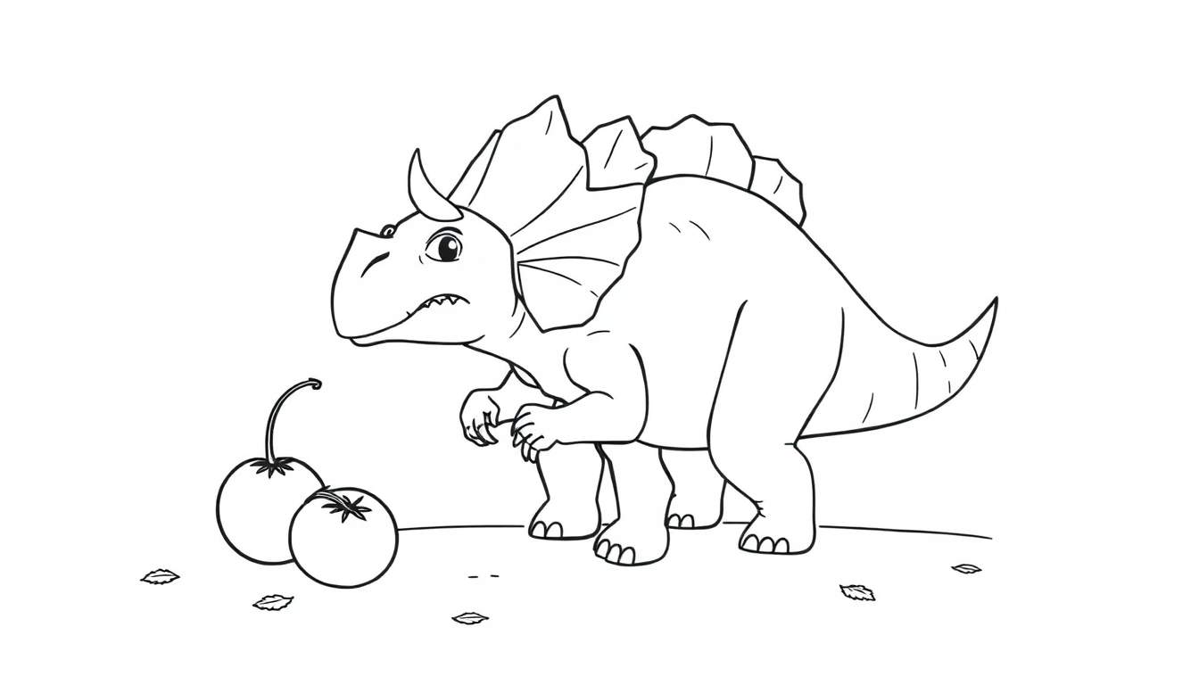 Dibujo lineal de un Triceratops caricaturizado con dos tomates y hojas para colorear.