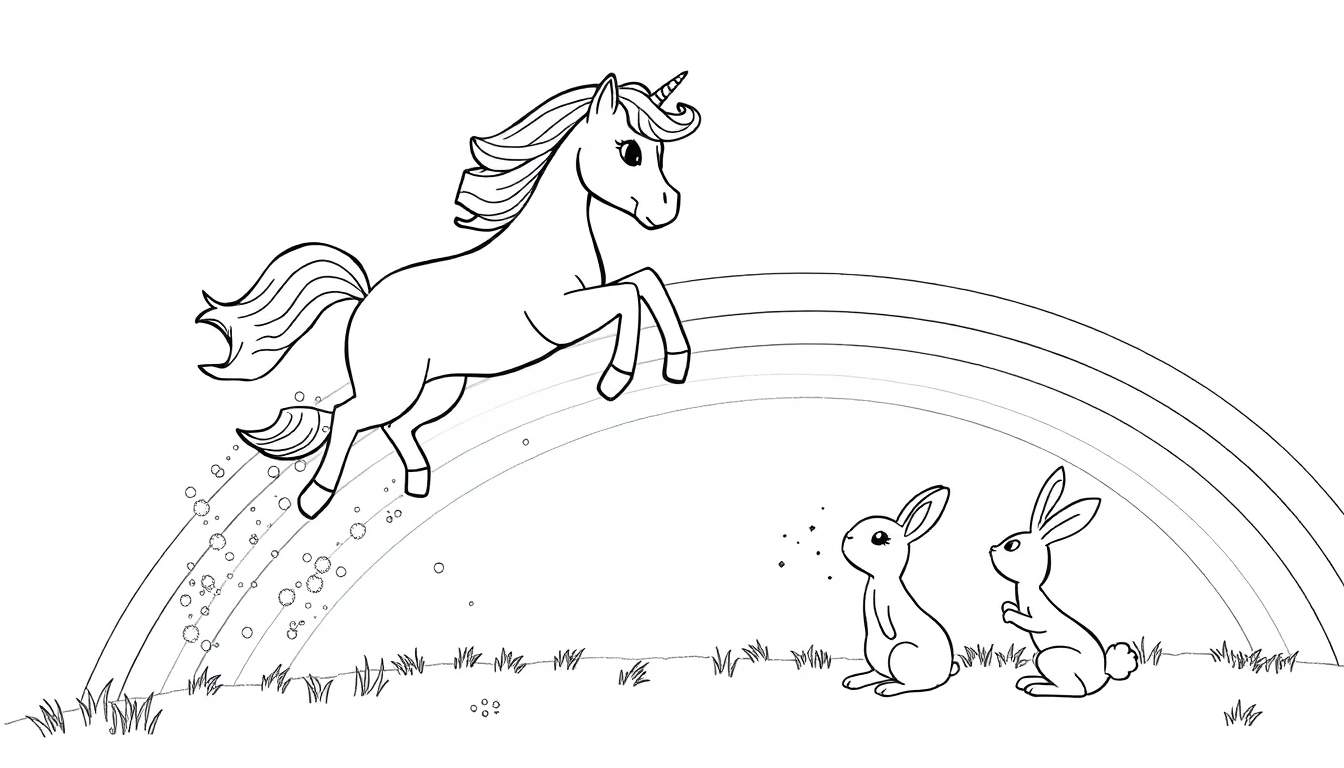 Página para colorear de un unicornio blanco con crines largas y onduladas saltando sobre un arcoíris, con dos conejos blancos observando debajo y burbujas flotando. El fondo es blanco con hierba en la parte inferior.