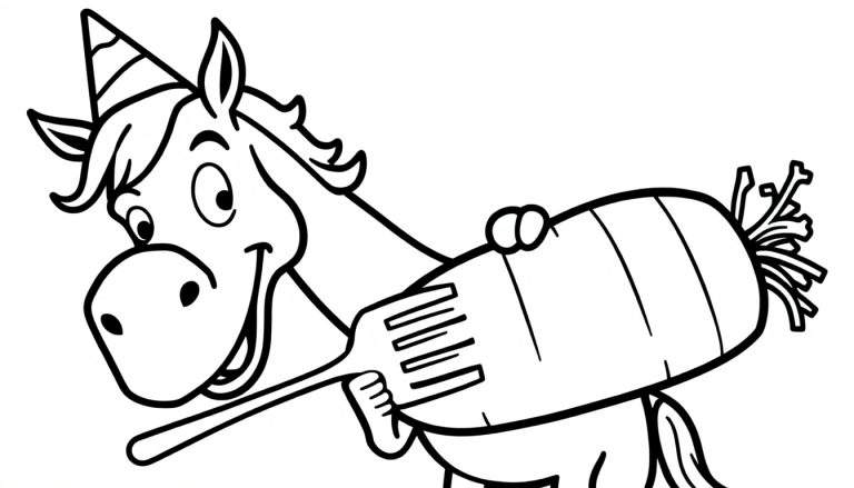 Dibujo para colorear de un unicornio sonriente con gorro de fiesta sosteniendo una zanahoria gigante en un tenedor.