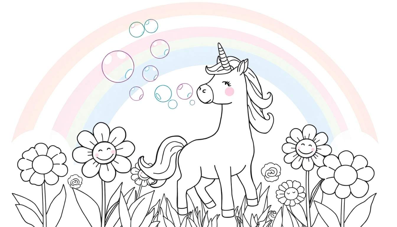 Unicornio de dibujos animados con crin y cola de colores, soplando burbujas de colores pastel rodeado de flores y un arcoíris en el fondo, listo para colorear.