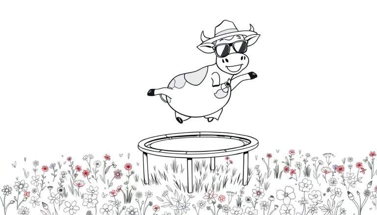 Página para colorear de una vaca de caricatura sonriente con sombrero y gafas de sol saltando en un trampolín.