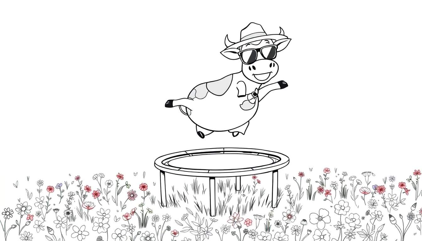 Página para colorear de una vaca de caricatura sonriente con sombrero y gafas de sol saltando en un trampolín.
