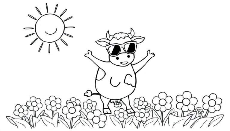 Página para colorear de una vaca con gafas de sol en un campo de flores bajo un sol sonriente.
