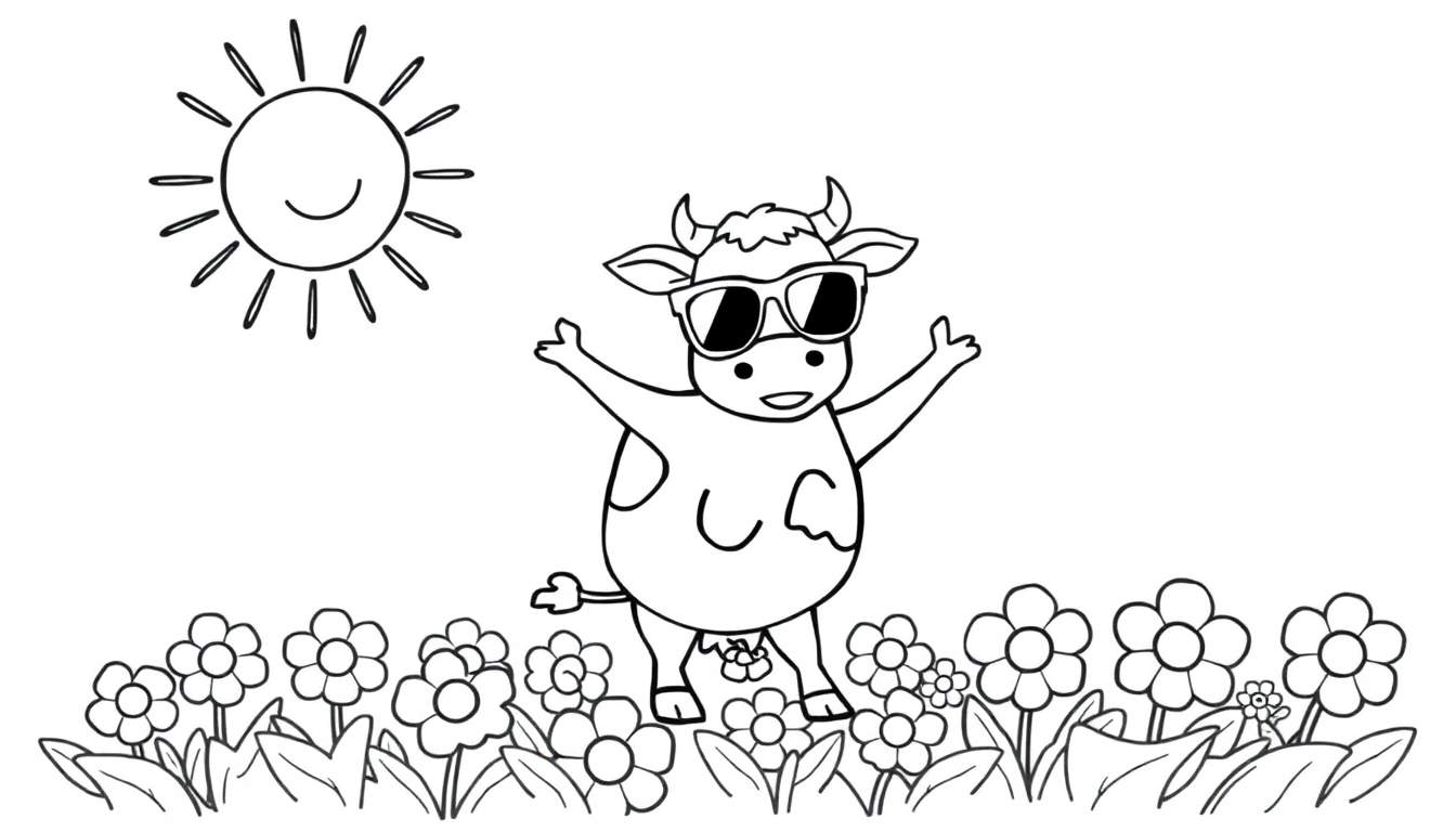Página para colorear de una vaca con gafas de sol en un campo de flores bajo un sol sonriente.