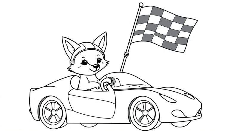 Zorro animado conduciendo un coche de carreras y ondeando una bandera a cuadros, para colorear.