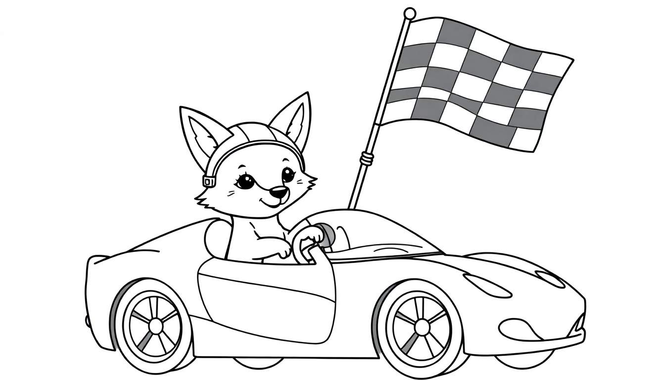 Zorro animado conduciendo un coche de carreras y ondeando una bandera a cuadros, para colorear.