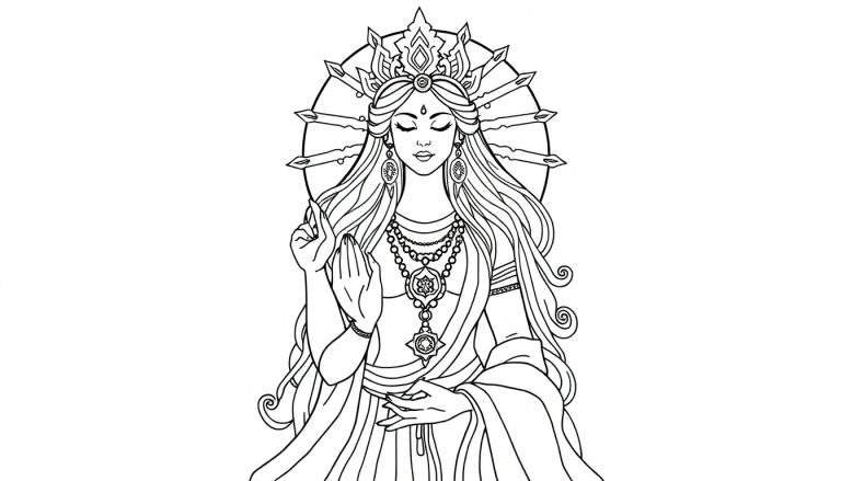 Dibujo lineal en blanco y negro de una figura femenina divina, con ojos cerrados, bindi en la frente, tocado elaborado, cabello largo, pendientes grandes, collares, pulseras, un halo y mudras en las manos.